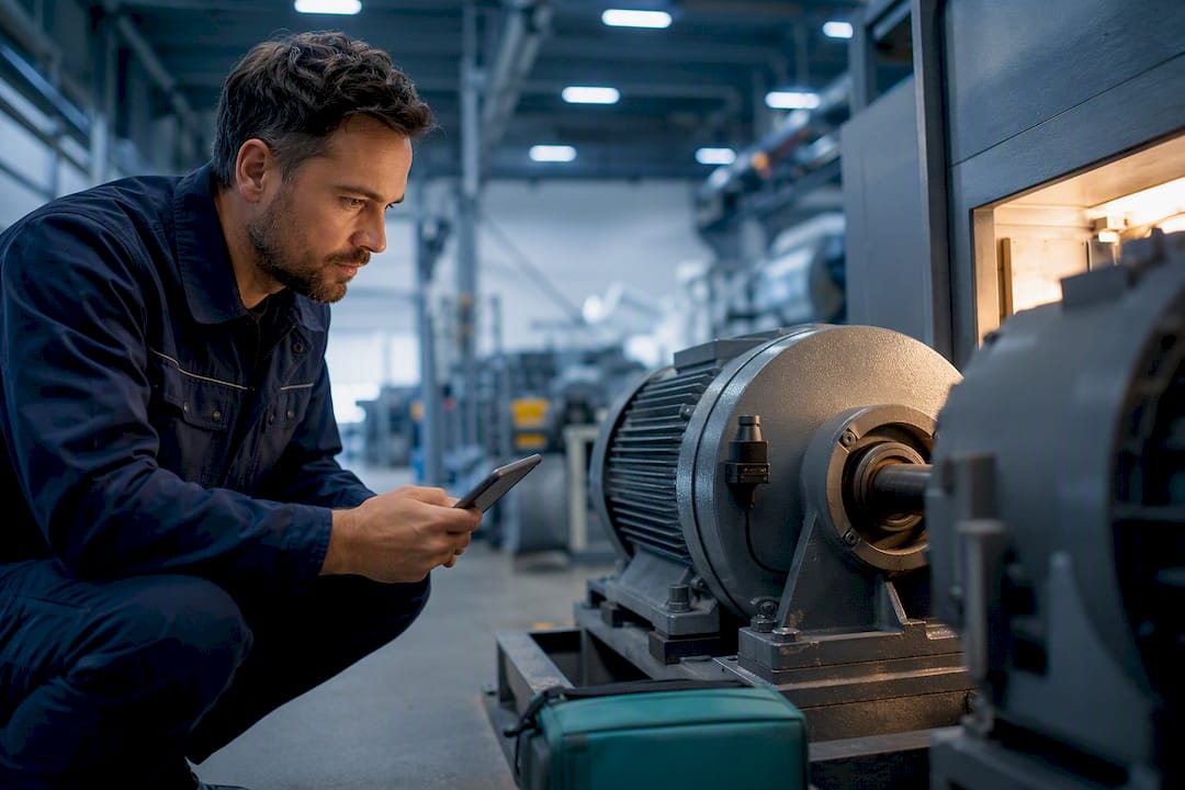 Ingenieur inspiziert Industriemotor für vorausschauende Wartung