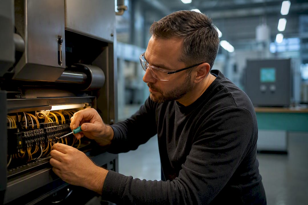 Ingenieur inspiziert Anschlüsse einer Altanlage