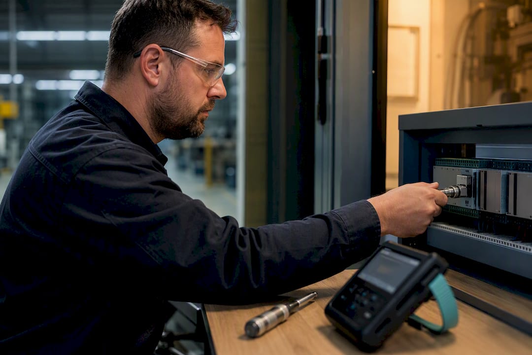 Technician verifying machine data signal