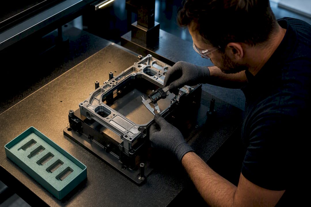 Operator measuring component at quality checkpoint