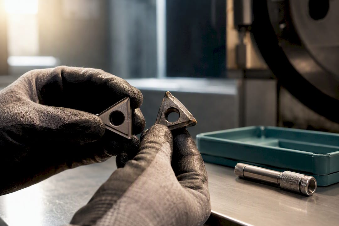 Operator comparing worn and fresh cutting inserts