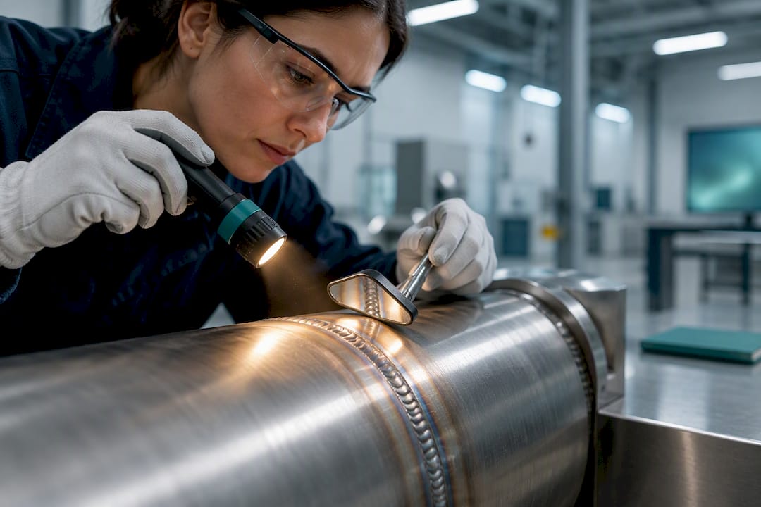 Inspector examining a welded joint
