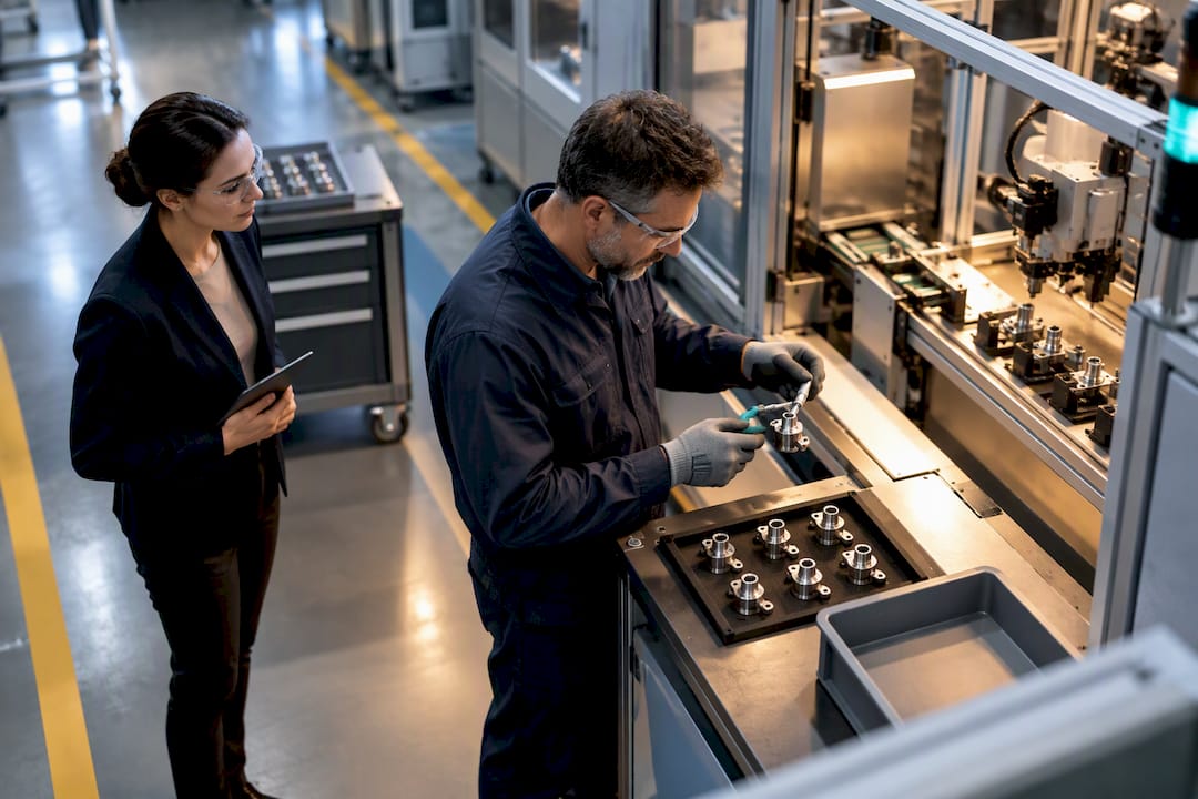 Operator checking samples during pilot production