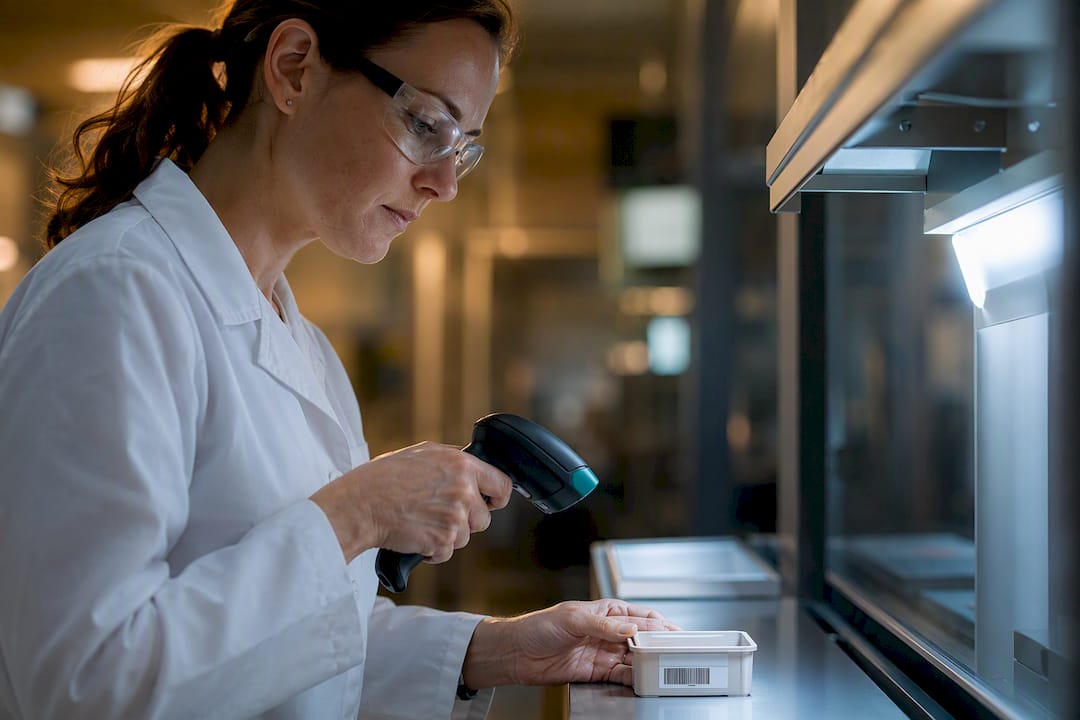 Quality specialist scanning an anonymous batch container