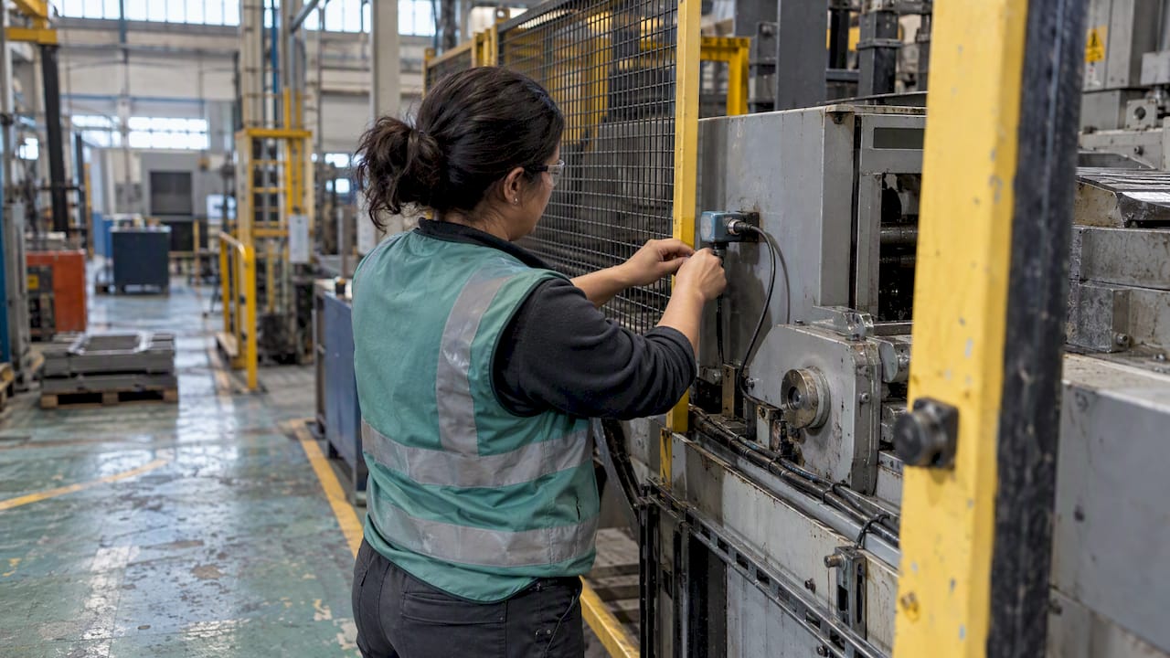 Engineer checking sensor on production machine