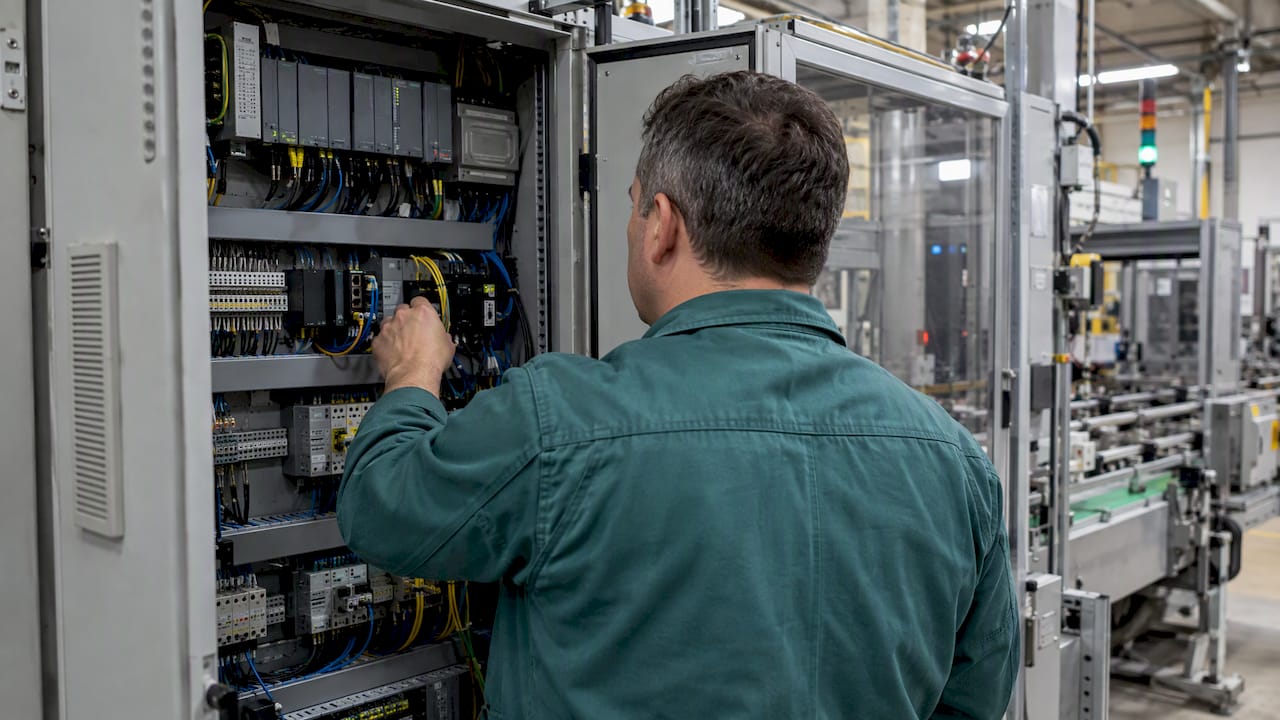 Engineer inspecting machine control connections