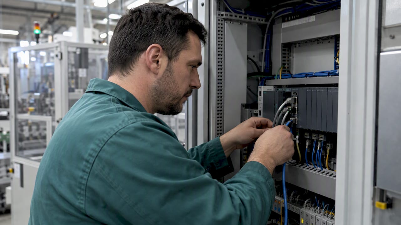Engineer checking a machine-side industrial controller