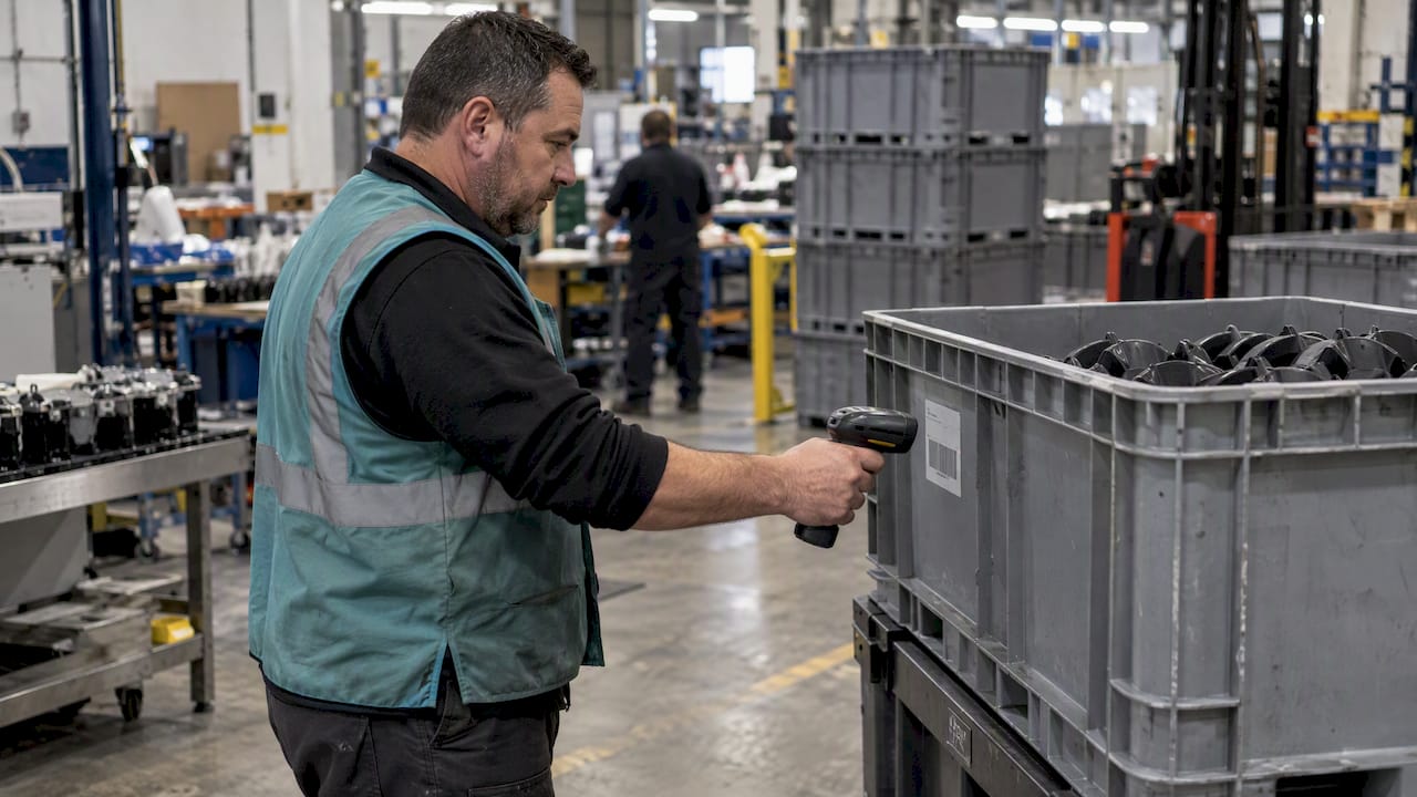 Operator scanning a production lot barcode