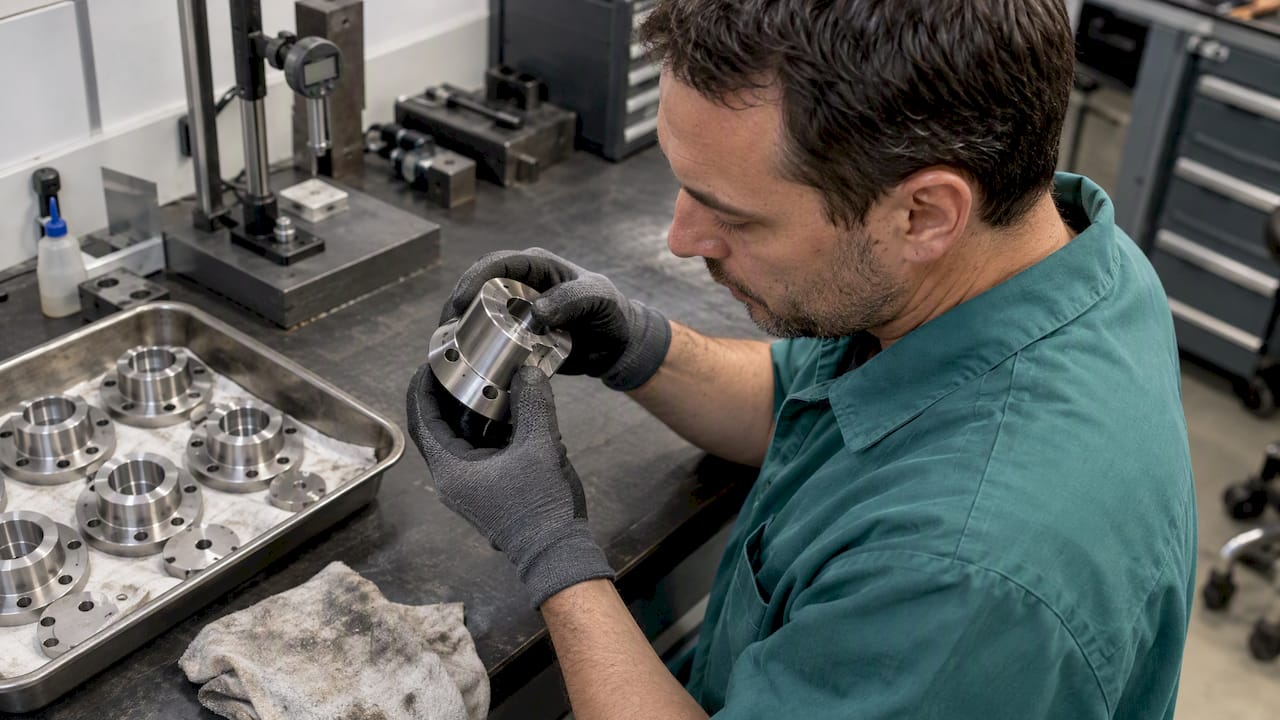 Quality engineer examining a flawed metal component