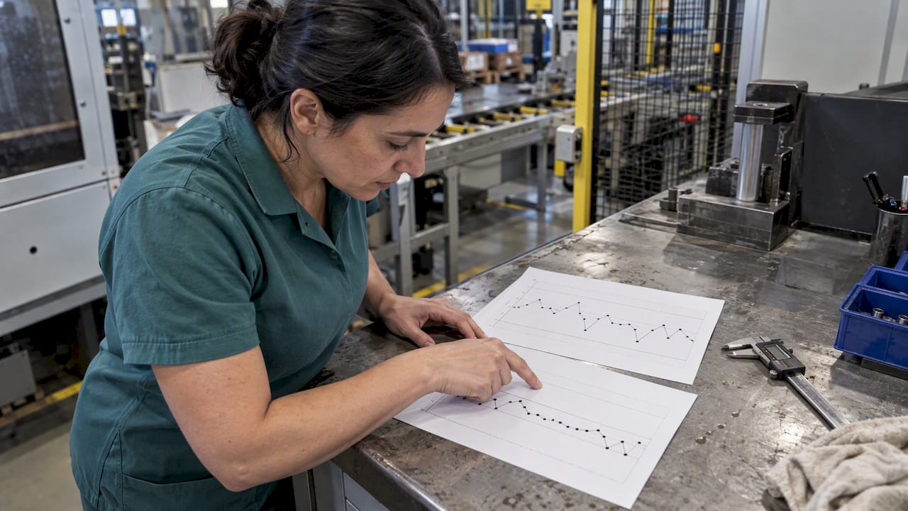 Engineer compares control charts beside production line