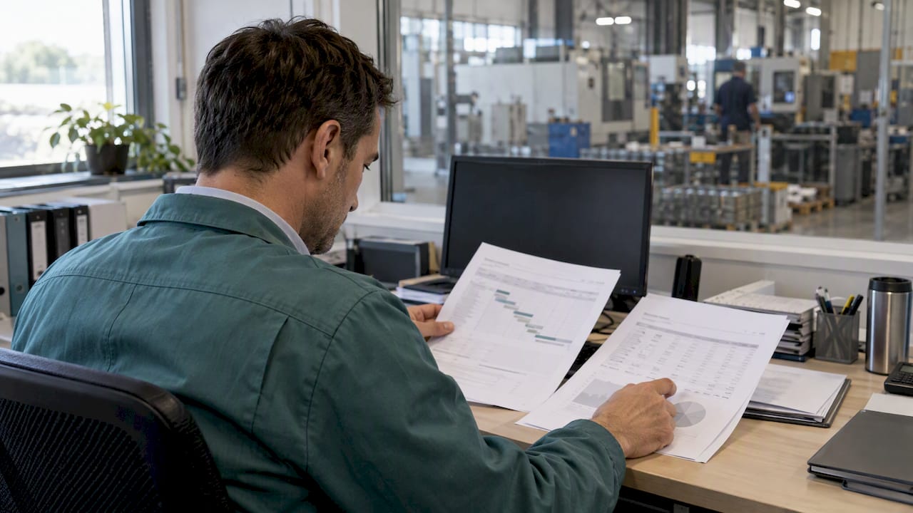 Plant manager reviewing a manufacturing grant application